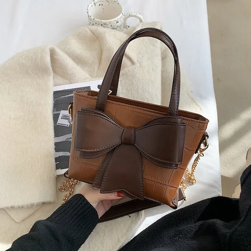 Christmas Gift Crocodile pattern Bow Tote Bucket bag 2021 Fashion New Quality PU Leather Women's Designer Handbag Chain Shoulder Messenger Bag