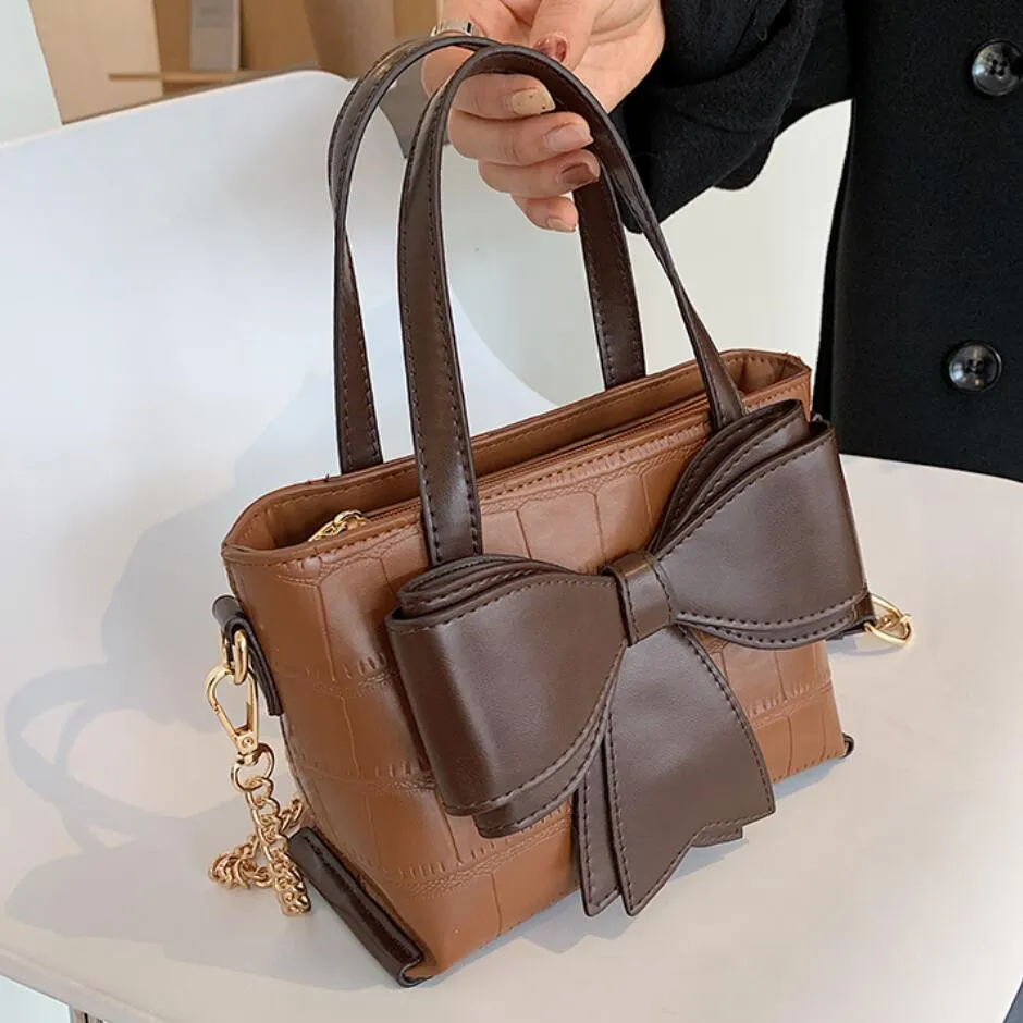Christmas Gift Crocodile pattern Bow Tote Bucket bag 2021 Fashion New Quality PU Leather Women's Designer Handbag Chain Shoulder Messenger Bag