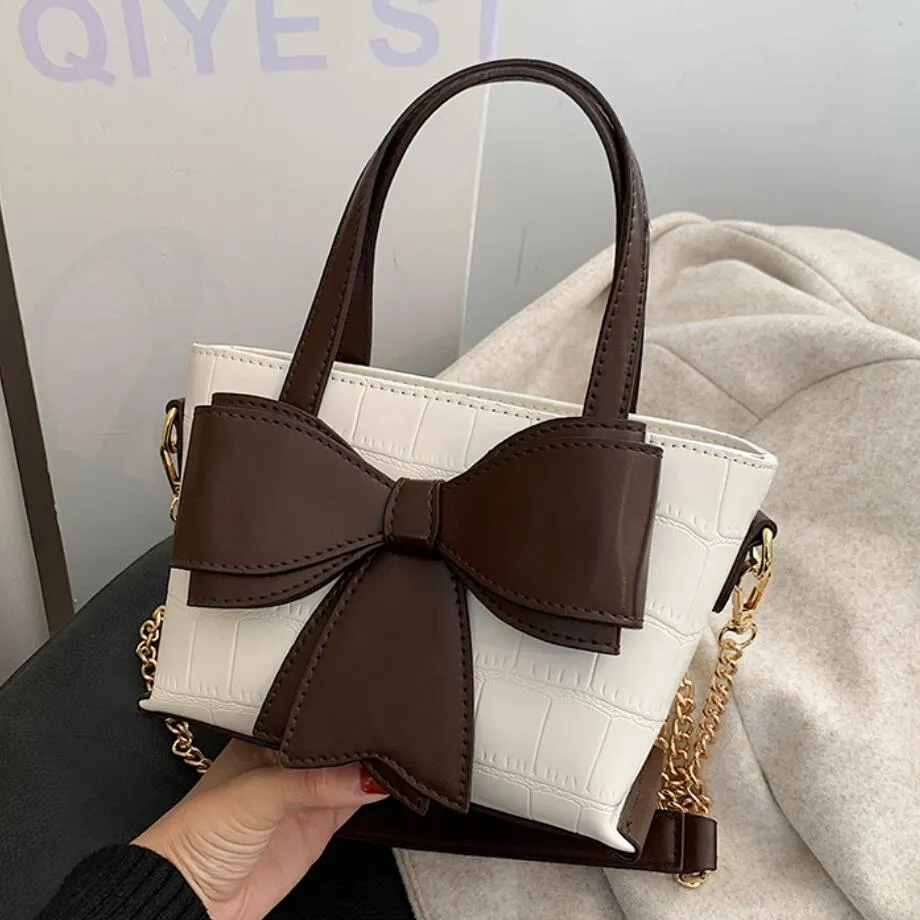 Christmas Gift Crocodile pattern Bow Tote Bucket bag 2021 Fashion New Quality PU Leather Women's Designer Handbag Chain Shoulder Messenger Bag