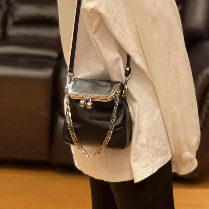 Christmas Gift Genuine Leather Chains Crossbody Bags for Women Fashion Kisslock Clip Shoulder Bag Women's Bags Casual Solid Small Women Handbag