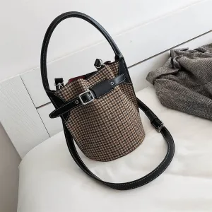 Christmas Gift Houndstooth Bucket Bag For Women 2020 Winter Japanese Designer Plaid Personality Belt Buckle Purses And Handbag Drawstring Bag