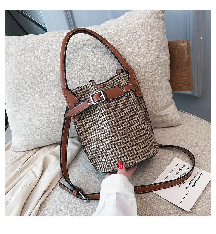 Christmas Gift Houndstooth Bucket Bag For Women 2020 Winter Japanese Designer Plaid Personality Belt Buckle Purses And Handbag Drawstring Bag
