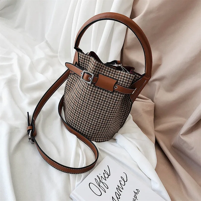 Christmas Gift Houndstooth Bucket Bag For Women 2020 Winter Japanese Designer Plaid Personality Belt Buckle Purses And Handbag Drawstring Bag