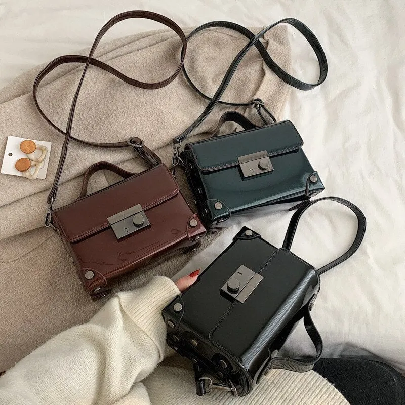 Christmas Gift Vintage Patent Leather Women's Bag 2020 New Metal Lock Crossbody Bag For Women Box Shaped Retro Simgle Tote Handbags Black Green