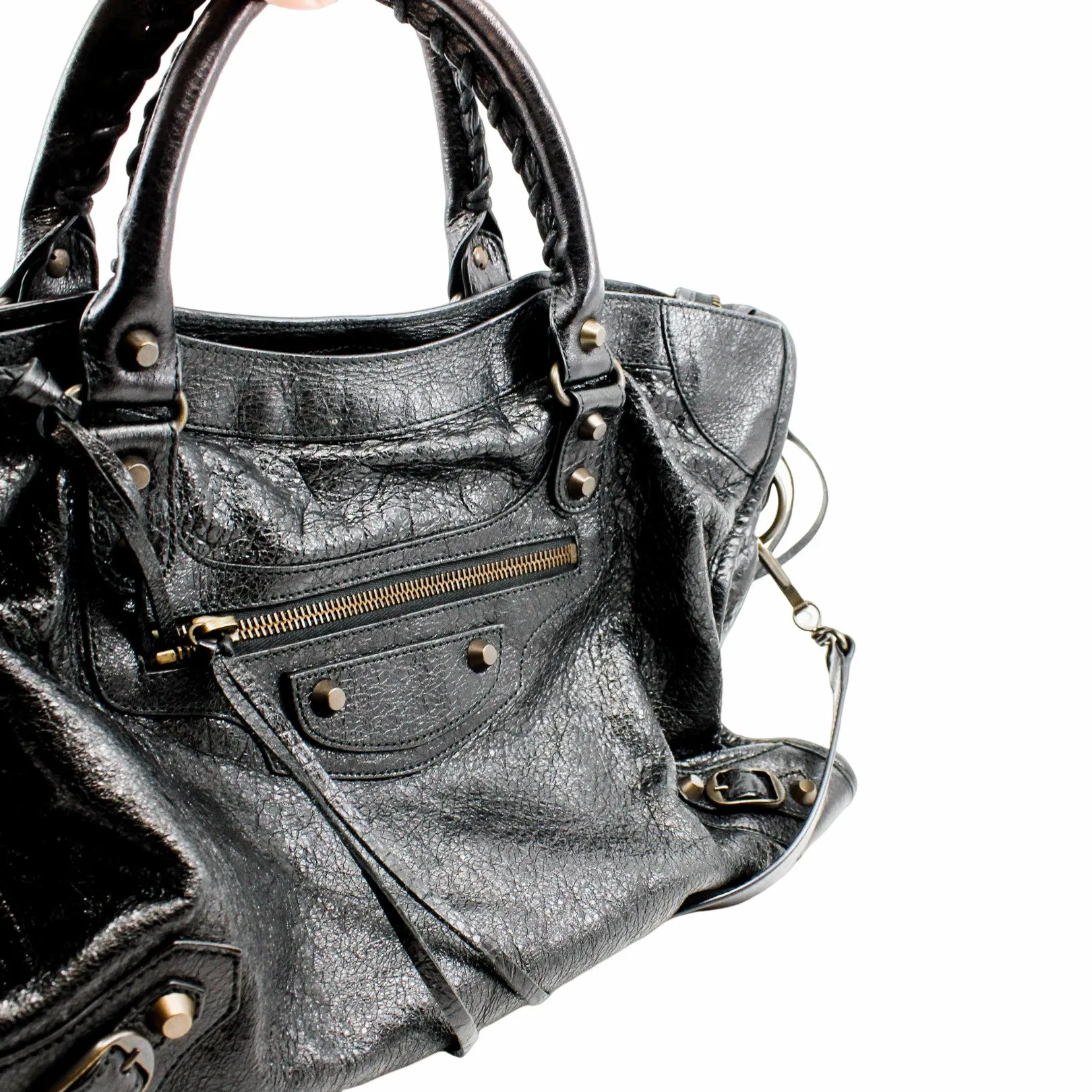 CITY CLASSIC STUDS BAG  METALLIC LEATHER black ANTIQUE BRASS