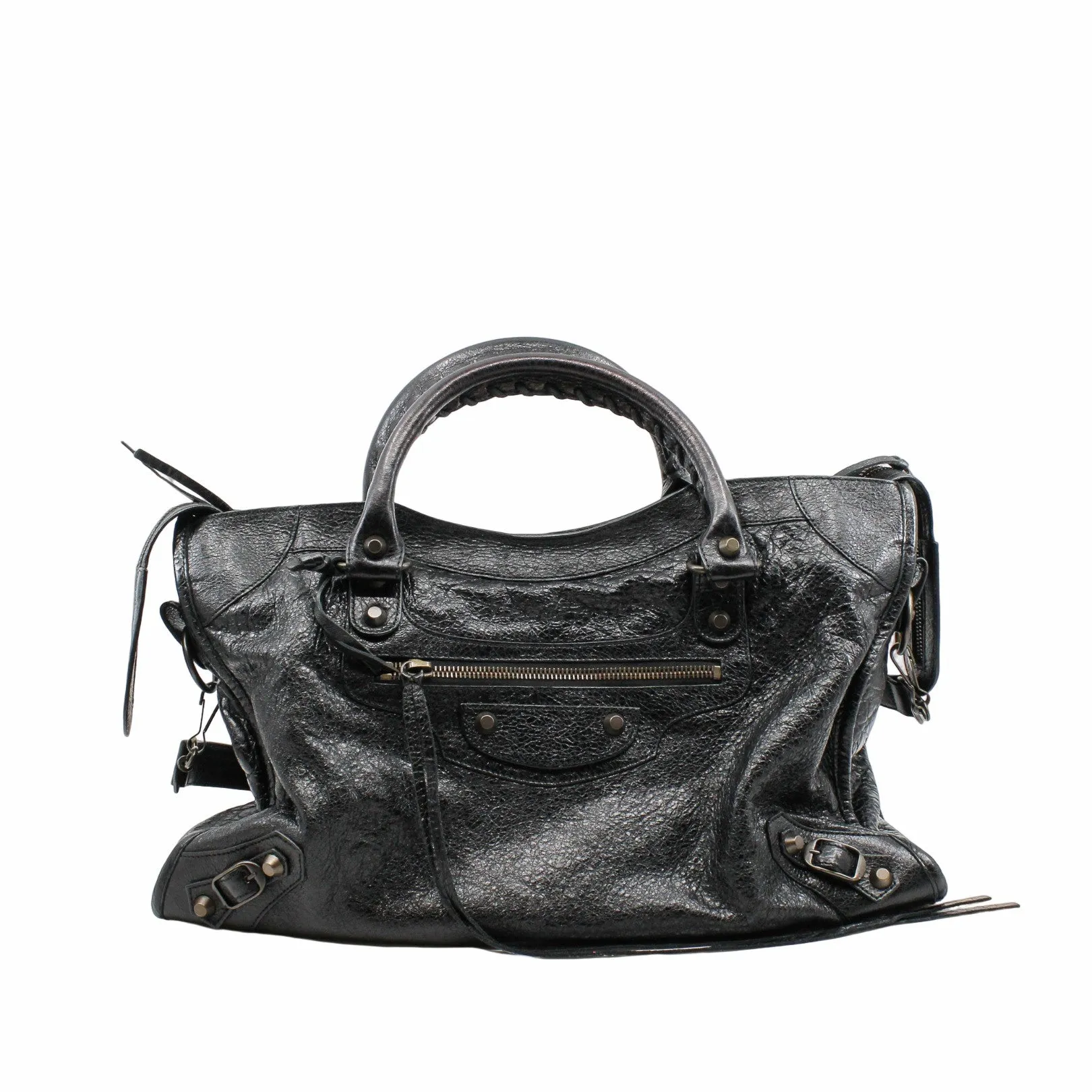 CITY CLASSIC STUDS BAG  METALLIC LEATHER black ANTIQUE BRASS