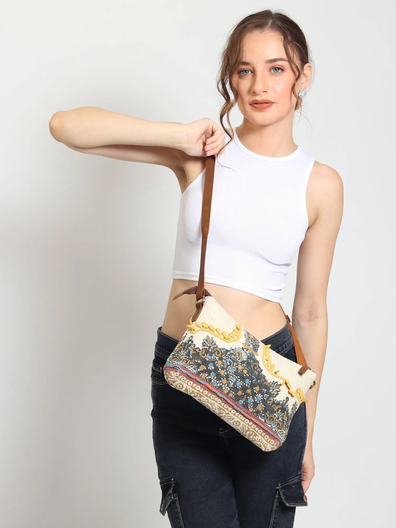 DANIAN - COTTON PRINTED & LEATHER SLING BAG