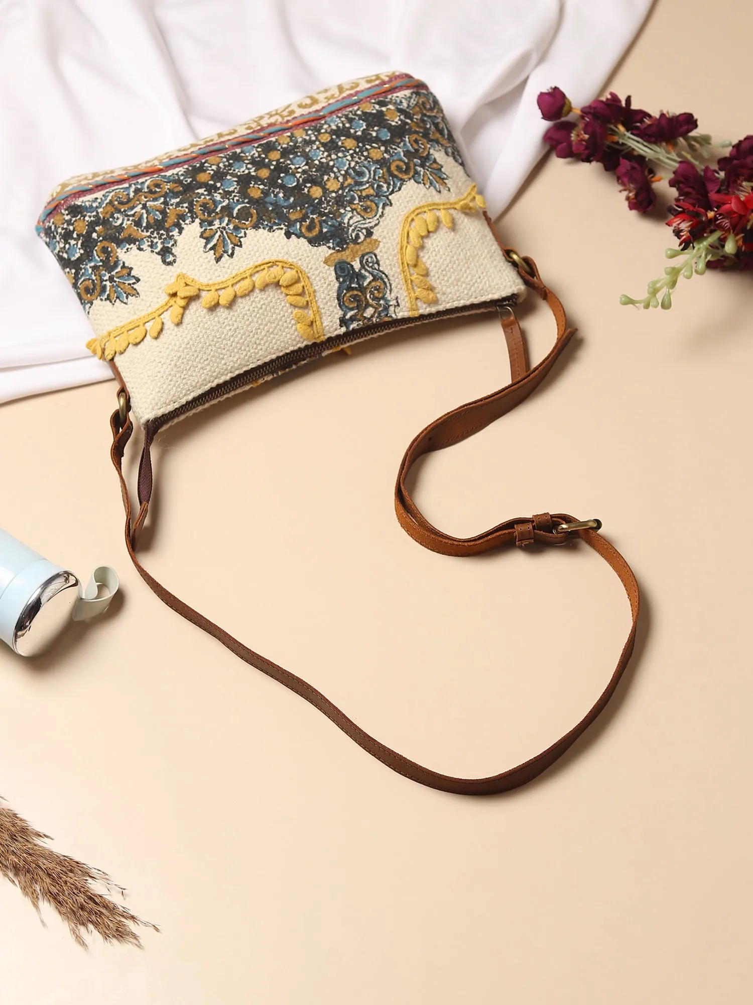 DANIAN - COTTON PRINTED & LEATHER SLING BAG