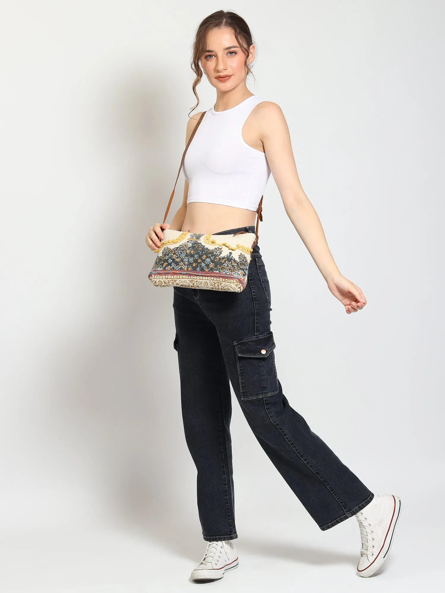 DANIAN - COTTON PRINTED & LEATHER SLING BAG