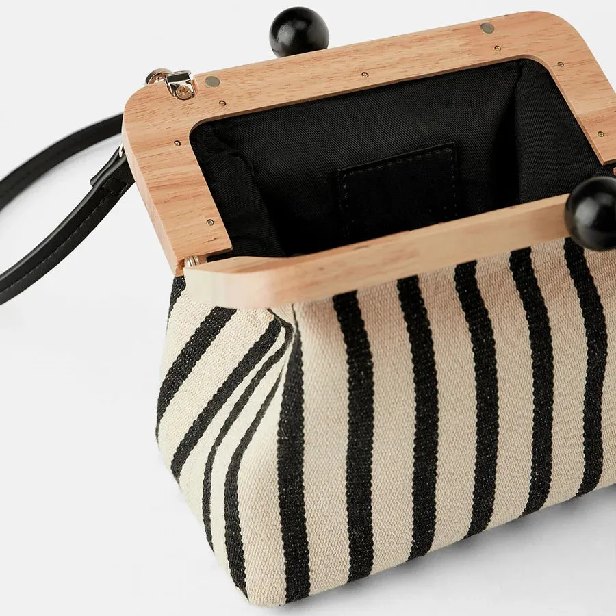 Duchi Striped Wooden Clip Shell Bags for Women Messenger Bag Canvas Bead Shoulder Crossbody Bags Ladies Clutch Purse Bolsa
