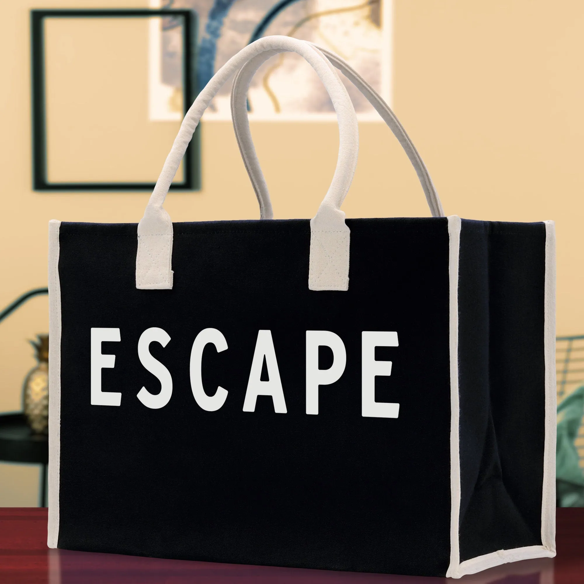 Escape Cotton Canvas Chic Beach Tote Bag Multipurpose Tote Weekender Tote Gift for Her Outdoor Tote Vacation Tote Large Beach Bag