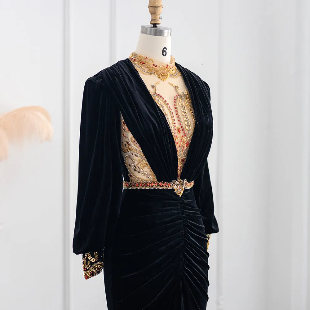 For Sale Black Velvet Long Sleeves Mermaid Evening Dress SS324