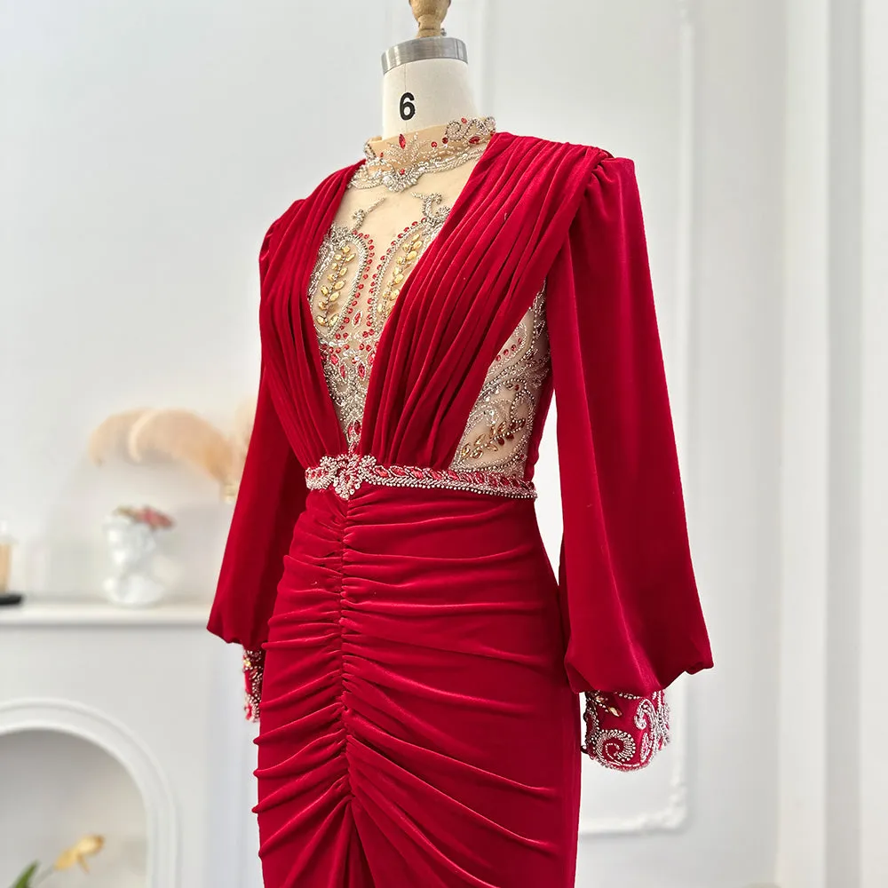 For Sale Black Velvet Long Sleeves Mermaid Evening Dress SS324