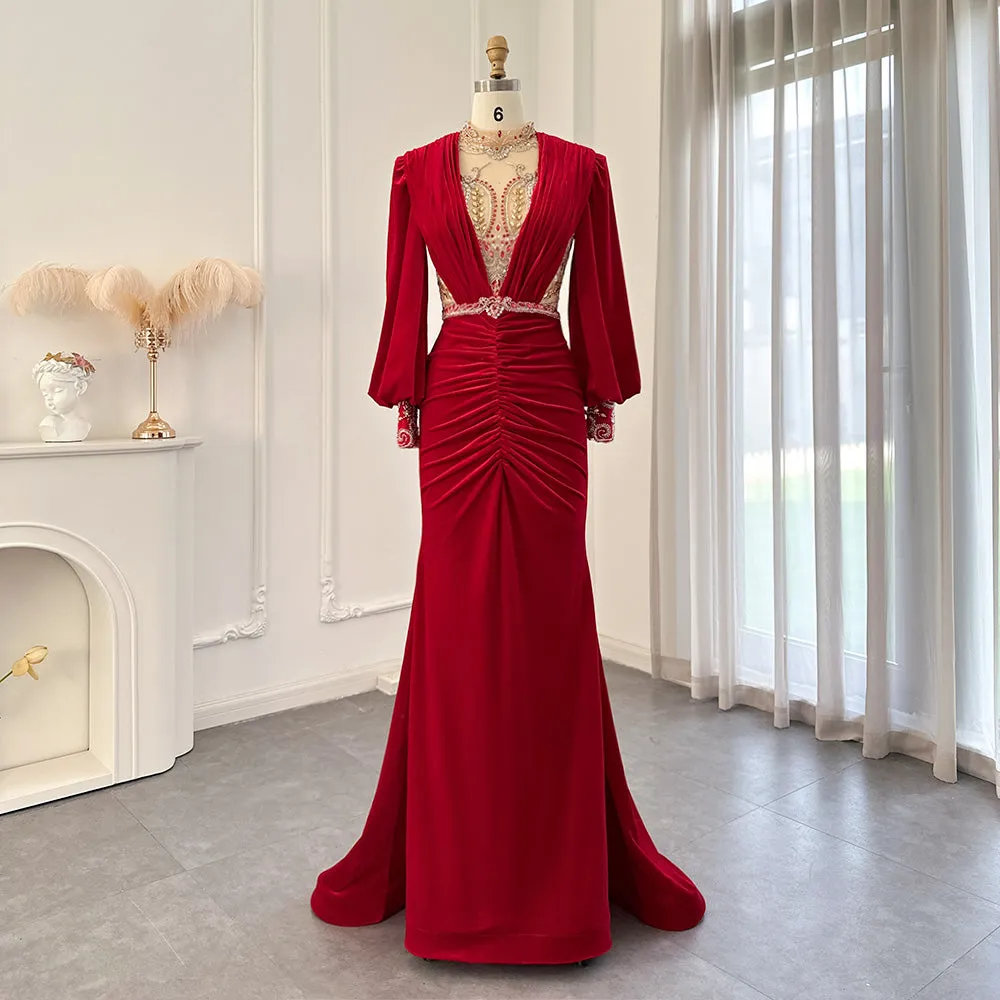 For Sale Black Velvet Long Sleeves Mermaid Evening Dress SS324