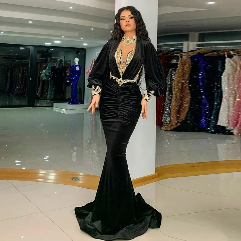 For Sale Black Velvet Long Sleeves Mermaid Evening Dress SS324