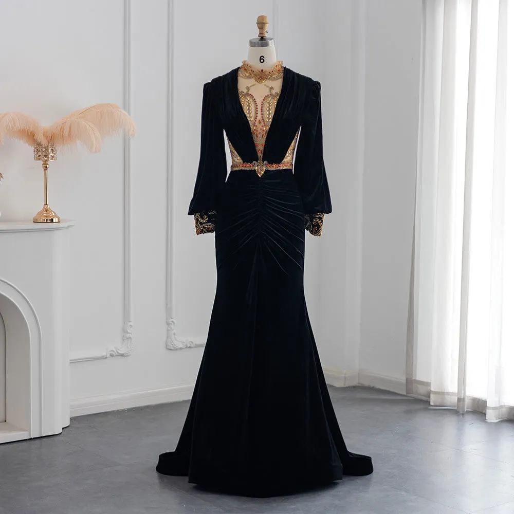 For Sale Black Velvet Long Sleeves Mermaid Evening Dress SS324