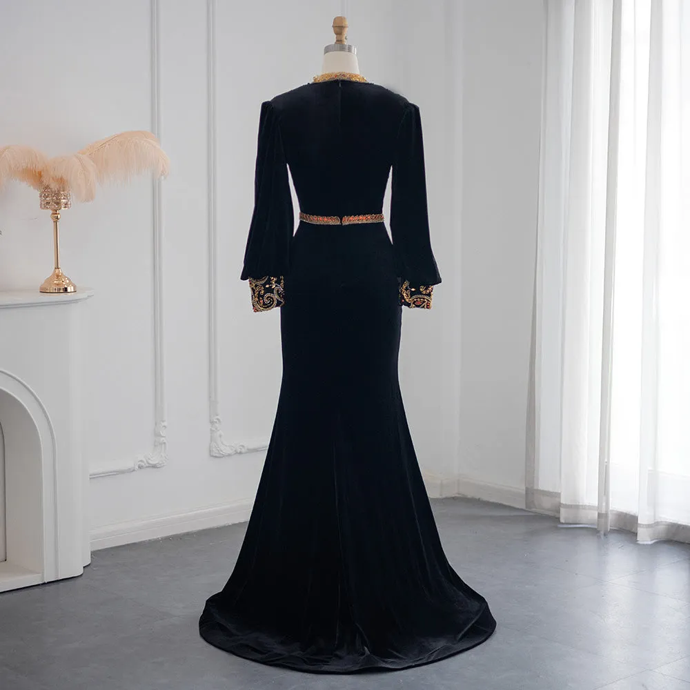 For Sale Black Velvet Long Sleeves Mermaid Evening Dress SS324