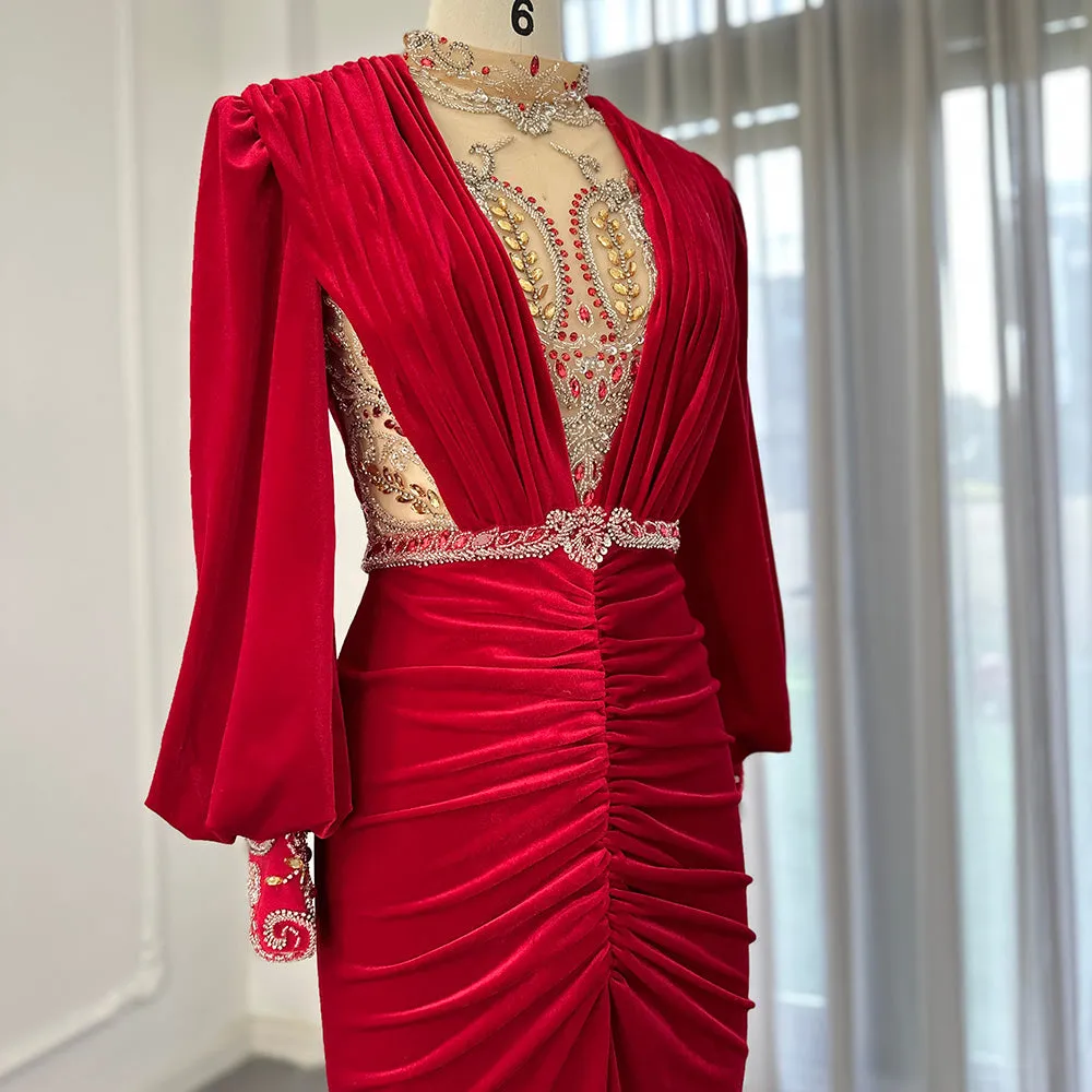 For Sale Black Velvet Long Sleeves Mermaid Evening Dress SS324