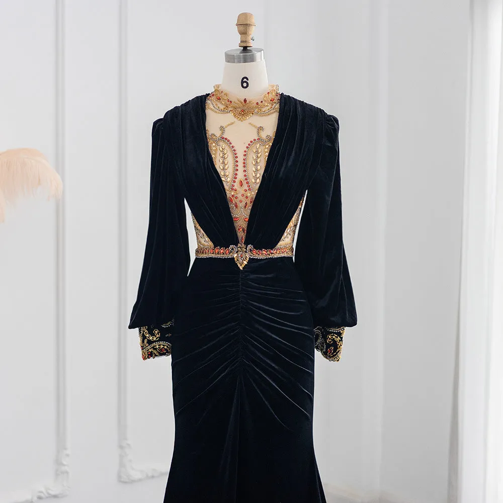 For Sale Black Velvet Long Sleeves Mermaid Evening Dress SS324