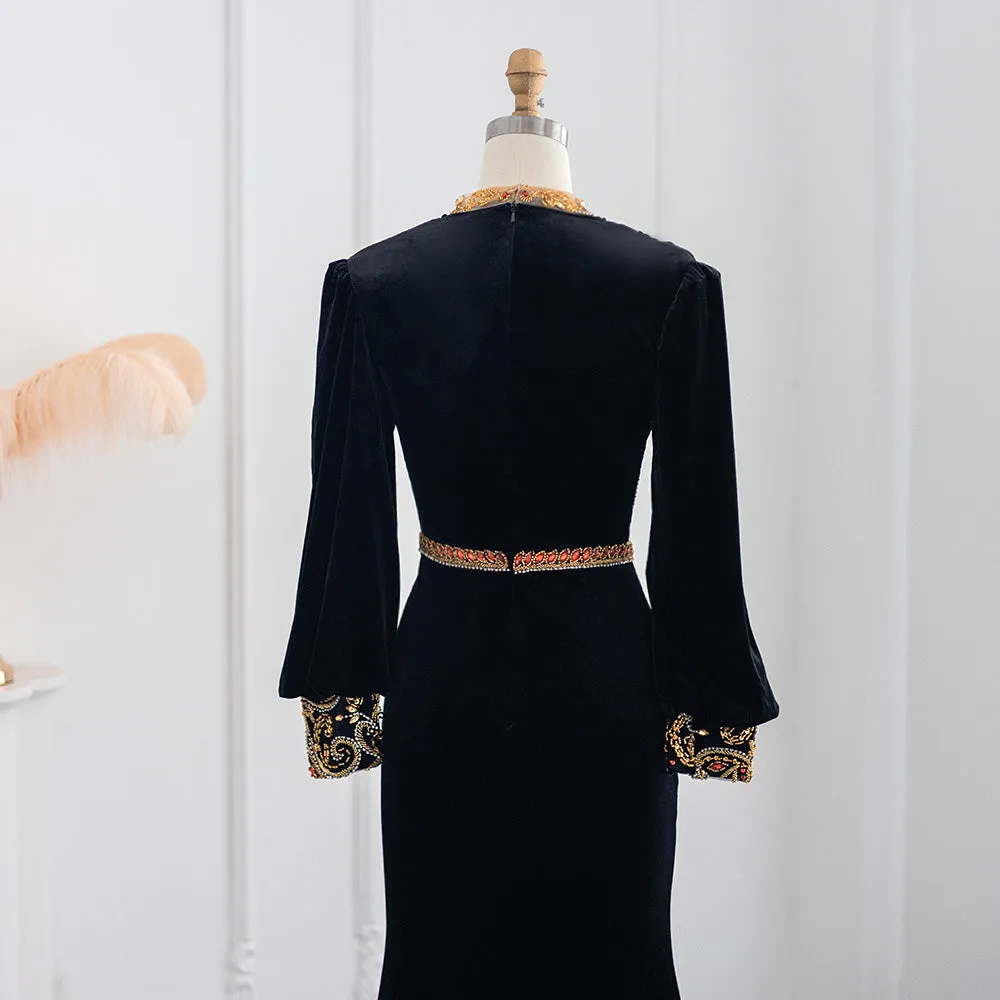 For Sale Black Velvet Long Sleeves Mermaid Evening Dress SS324