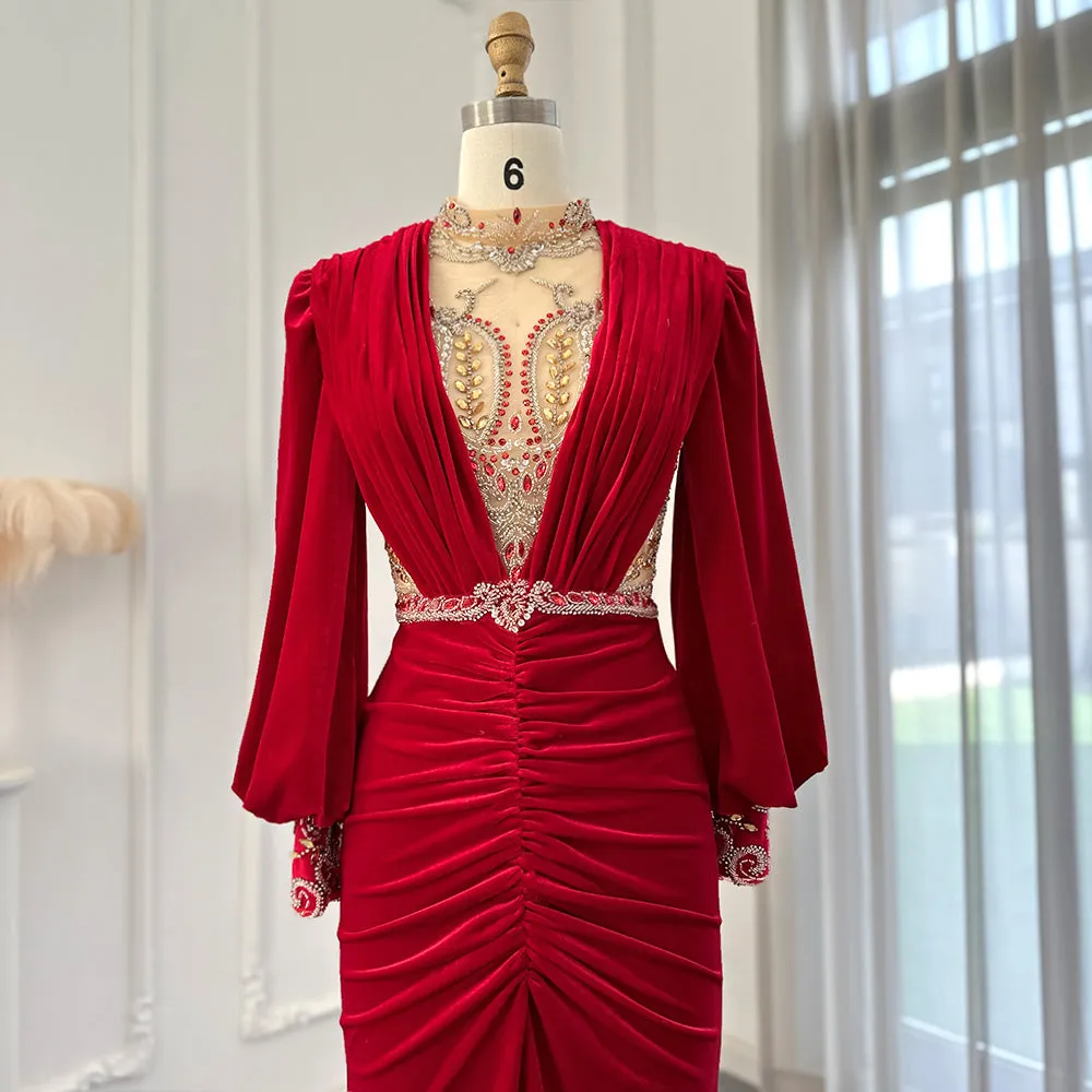 For Sale Black Velvet Long Sleeves Mermaid Evening Dress SS324