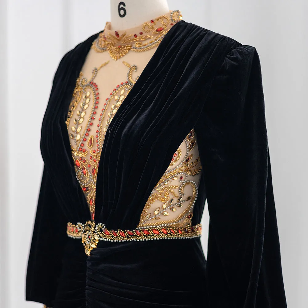 For Sale Black Velvet Long Sleeves Mermaid Evening Dress SS324