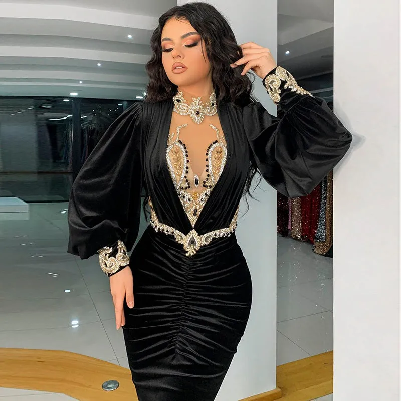 For Sale Black Velvet Long Sleeves Mermaid Evening Dress SS324
