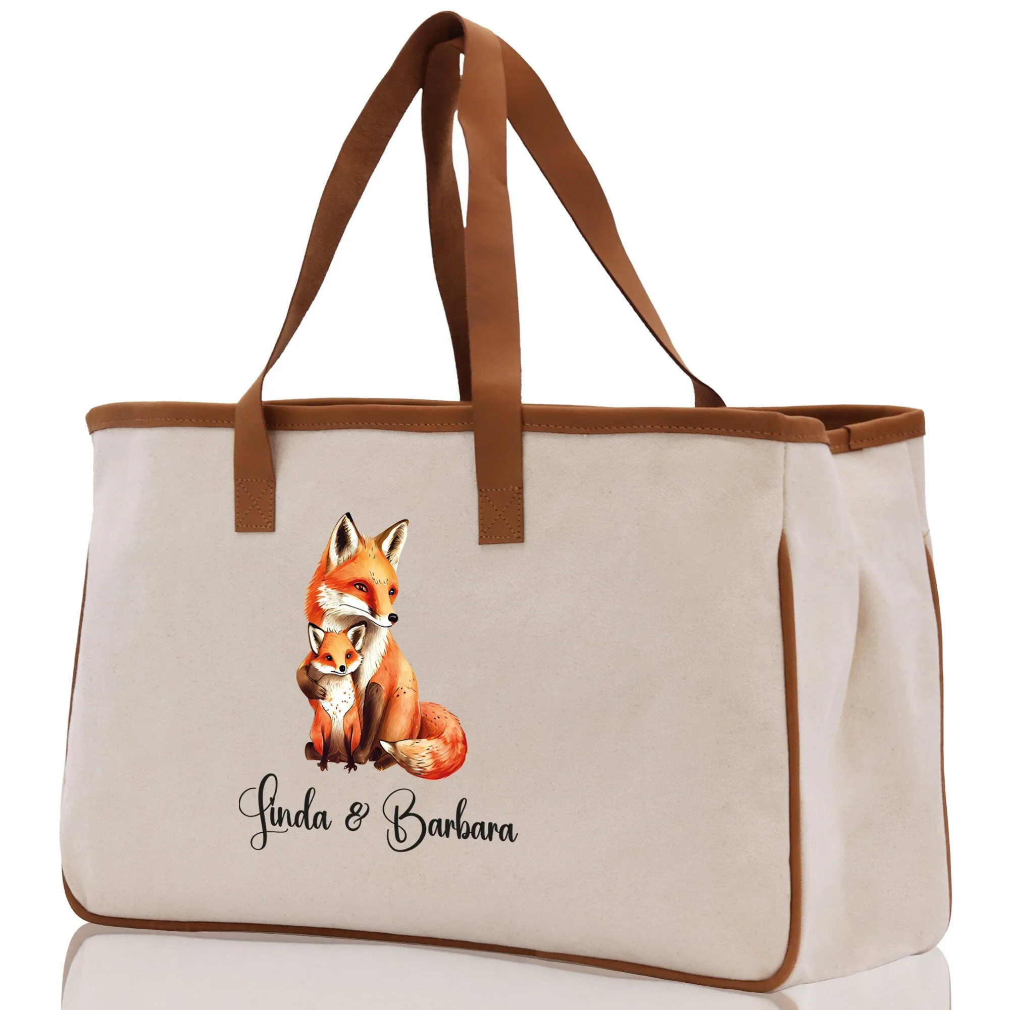 Fox Mom And Baby Name Custom Cotton Canvas Tote Bag Custom Pet Lover Gift Pet Portrait Bag Personalized Pet Owner Gift Tote Bag
