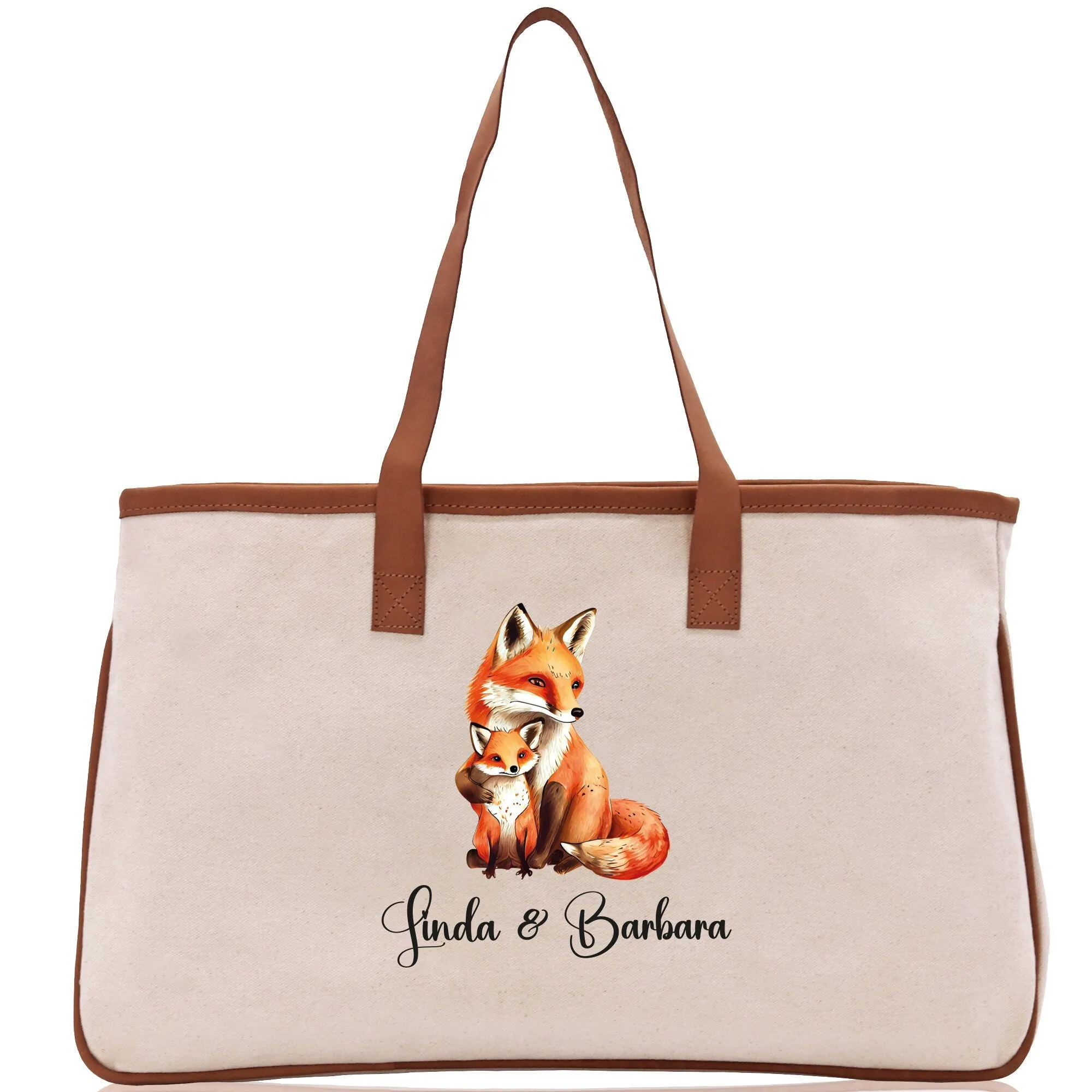 Fox Mom And Baby Name Custom Cotton Canvas Tote Bag Custom Pet Lover Gift Pet Portrait Bag Personalized Pet Owner Gift Tote Bag