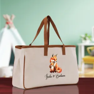 Fox Mom And Baby Name Custom Cotton Canvas Tote Bag Custom Pet Lover Gift Pet Portrait Bag Personalized Pet Owner Gift Tote Bag