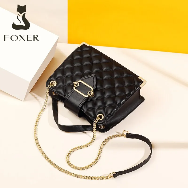 FOXER Cowhide Women's Commute Elegant Shoulder Cross-body Bag Large Capacity Fashion Diamond Lattice Top-handle Bag for Female