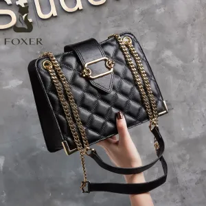 FOXER Cowhide Women's Commute Elegant Shoulder Cross-body Bag Large Capacity Fashion Diamond Lattice Top-handle Bag for Female