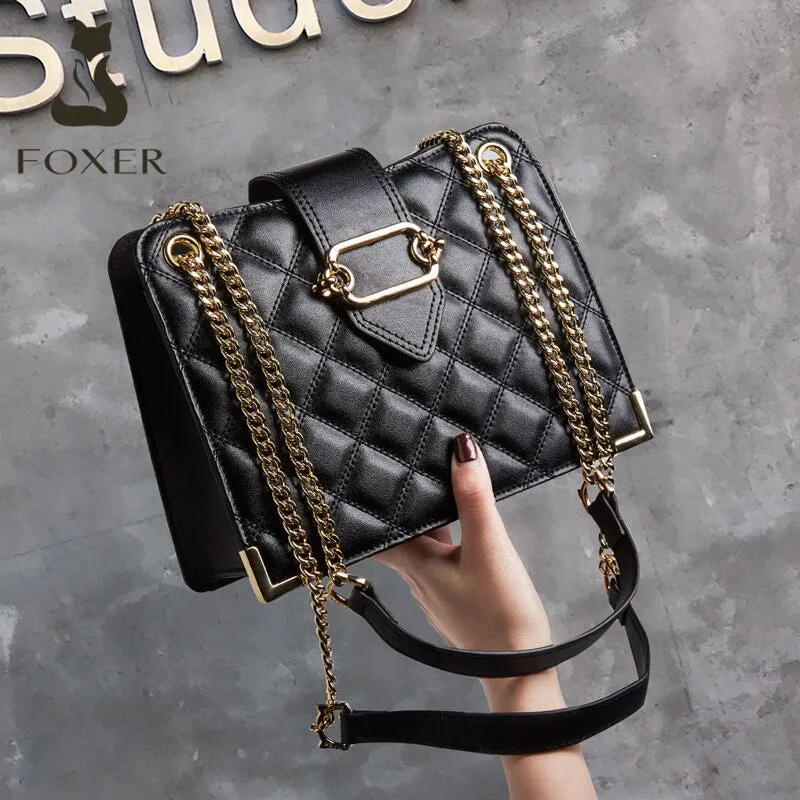 FOXER Cowhide Women's Commute Elegant Shoulder Cross-body Bag Large Capacity Fashion Diamond Lattice Top-handle Bag for Female