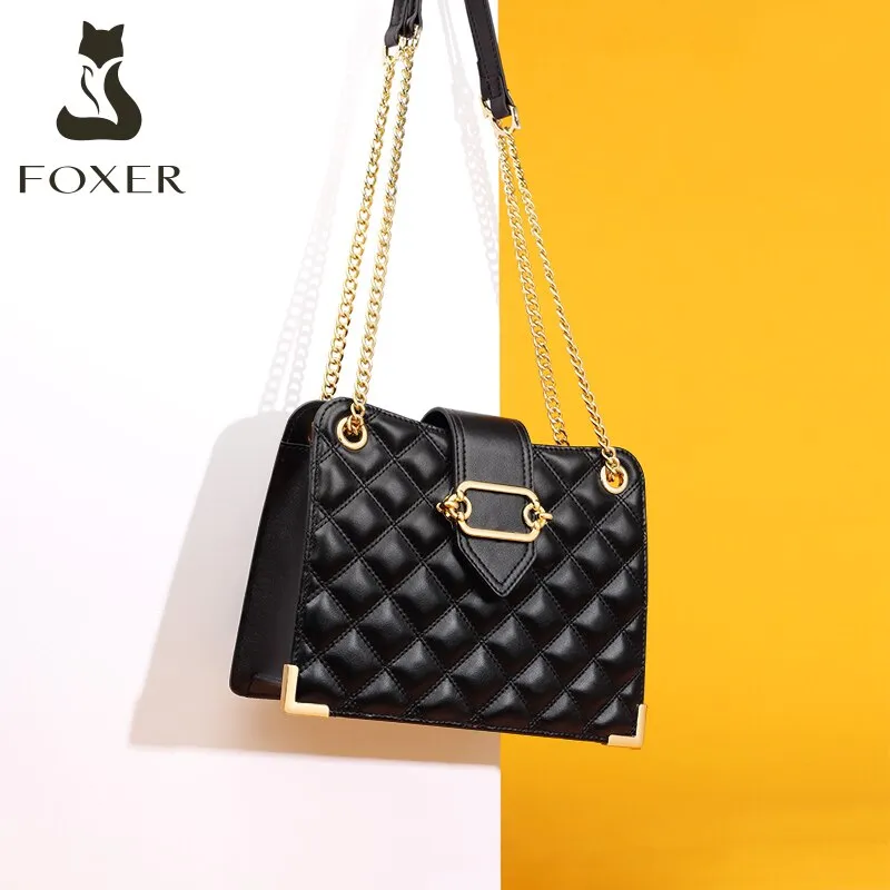 FOXER Cowhide Women's Commute Elegant Shoulder Cross-body Bag Large Capacity Fashion Diamond Lattice Top-handle Bag for Female