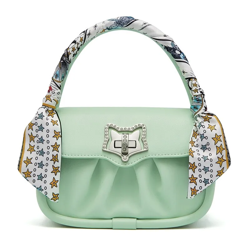 FOXER Women Fashion Fold Messenger Bag Leather Flap Ladies Street Casual Shoulder Bag Unique Silk Scarf Decoration Mini Handbag