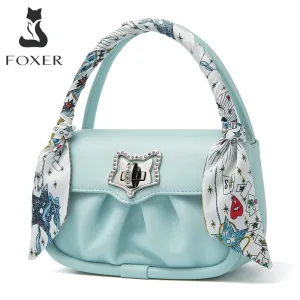 FOXER Women Fashion Fold Messenger Bag Leather Flap Ladies Street Casual Shoulder Bag Unique Silk Scarf Decoration Mini Handbag