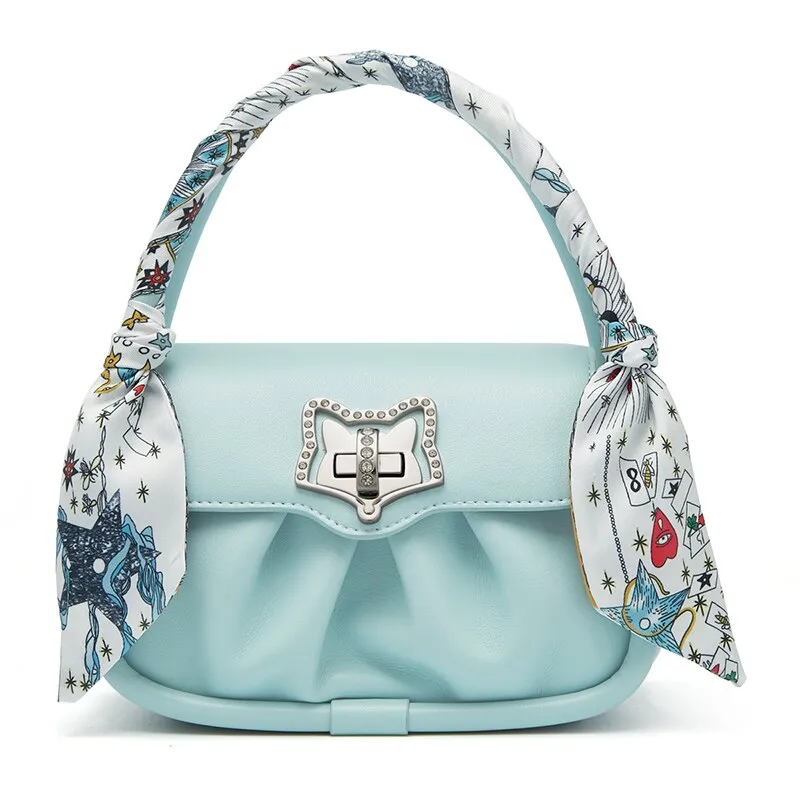 FOXER Women Fashion Fold Messenger Bag Leather Flap Ladies Street Casual Shoulder Bag Unique Silk Scarf Decoration Mini Handbag