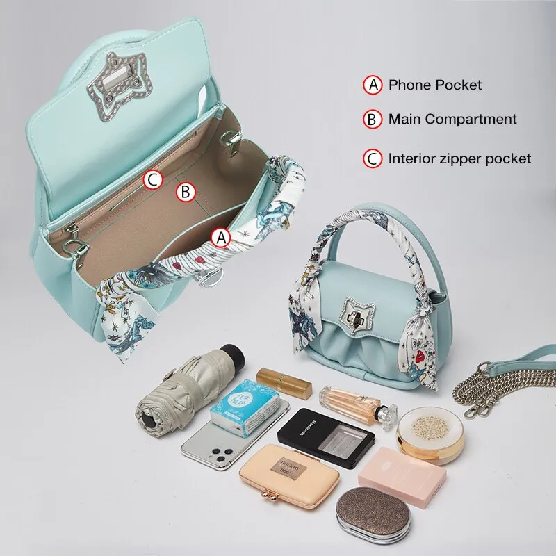 FOXER Women Fashion Fold Messenger Bag Leather Flap Ladies Street Casual Shoulder Bag Unique Silk Scarf Decoration Mini Handbag