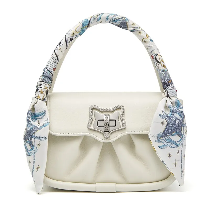 FOXER Women Fashion Fold Messenger Bag Leather Flap Ladies Street Casual Shoulder Bag Unique Silk Scarf Decoration Mini Handbag
