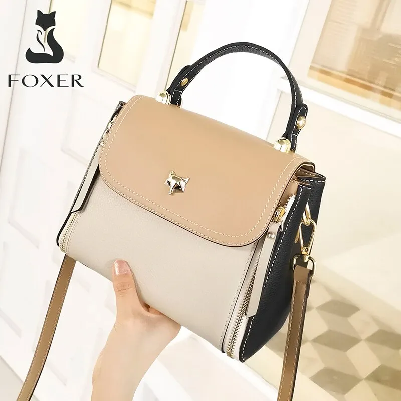 FOXER Women's Mini Totes England Style Casual Female Fashion Shoulder Messenger Bag Genuine Leather Lady Small Flap Handle Bags