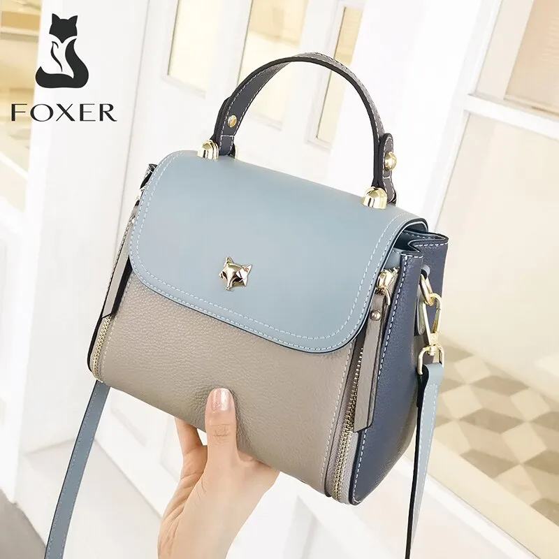 FOXER Women's Mini Totes England Style Casual Female Fashion Shoulder Messenger Bag Genuine Leather Lady Small Flap Handle Bags