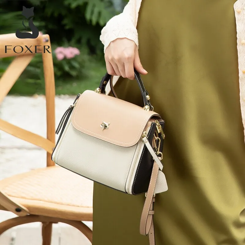 FOXER Women's Mini Totes England Style Casual Female Fashion Shoulder Messenger Bag Genuine Leather Lady Small Flap Handle Bags