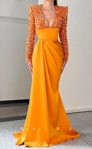 G2654 - Chic & Modern Sequins V-Neck Satin Long Sleeves Prom Evening Party Dress
