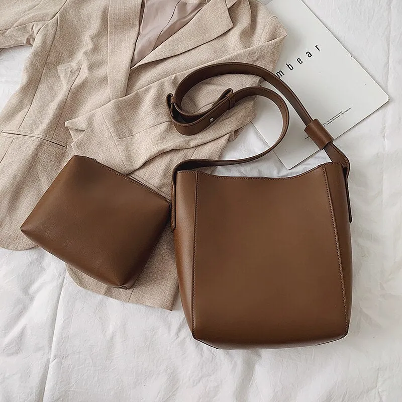 High Capacity Solid Color PU Leather Crossbody Bags For Women 2021 Bucket Bags Ladies Handbags With Wide Belt Travel Handbags