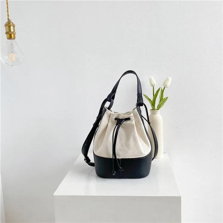 Korean style Stitching canvas Small Bucket Bags for Women 2021 new Brand Shoulder bag Handbags Casual Tassel Crossbody Bag