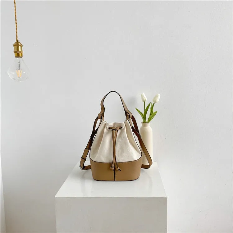 Korean style Stitching canvas Small Bucket Bags for Women 2021 new Brand Shoulder bag Handbags Casual Tassel Crossbody Bag