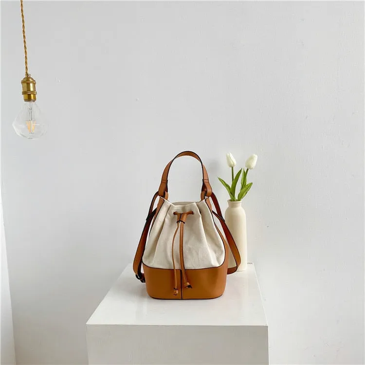 Korean style Stitching canvas Small Bucket Bags for Women 2021 new Brand Shoulder bag Handbags Casual Tassel Crossbody Bag