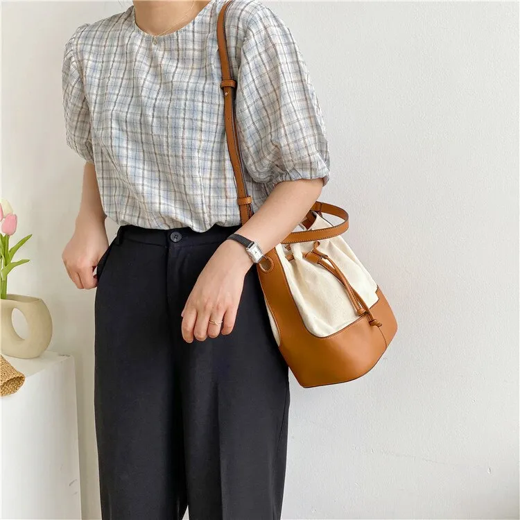 Korean style Stitching canvas Small Bucket Bags for Women 2021 new Brand Shoulder bag Handbags Casual Tassel Crossbody Bag