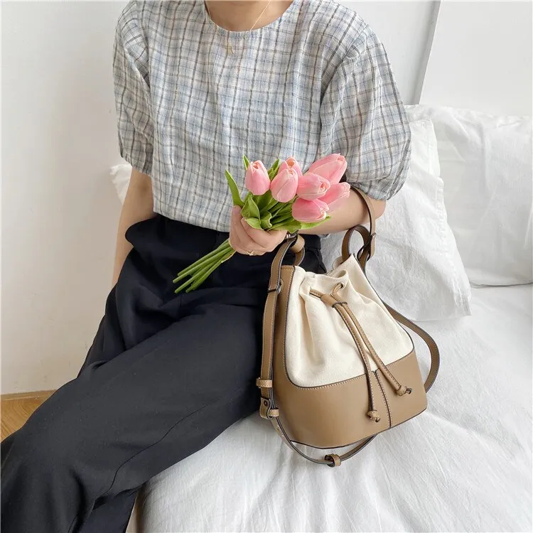 Korean style Stitching canvas Small Bucket Bags for Women 2021 new Brand Shoulder bag Handbags Casual Tassel Crossbody Bag