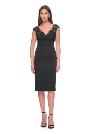 La Femme - 31839 - Chic Midi Satin Dress with Beaded Leaf Embellishments